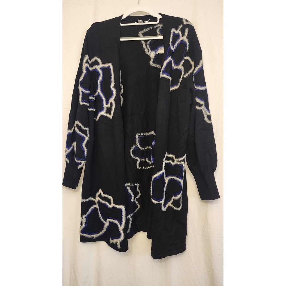 Chicos Cardigan Sweater Womens Medium Black Blue Open Front Abstract Fuzzy